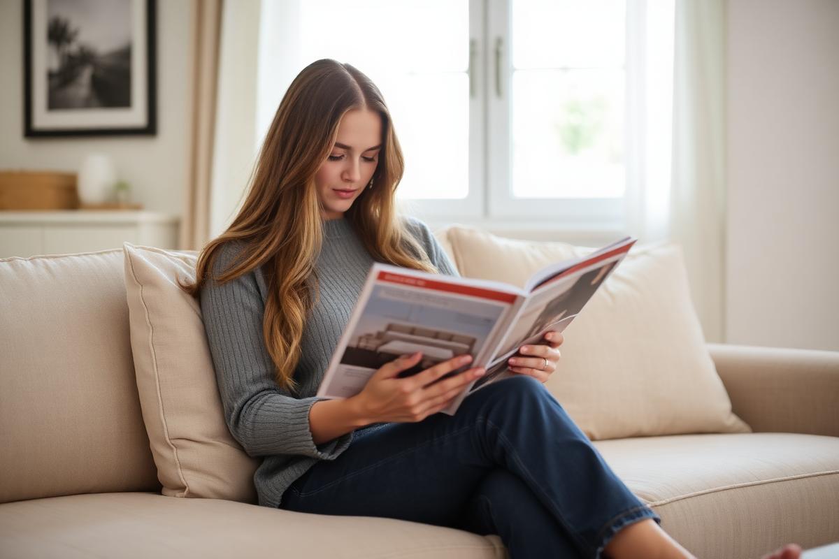 Homebuyer reviewing design selections on a sofa